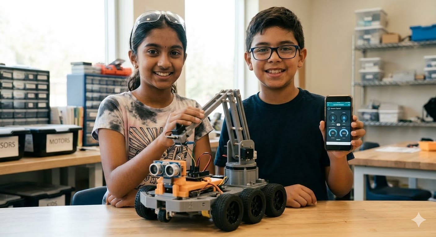Students showing a robot they built and control from a phone